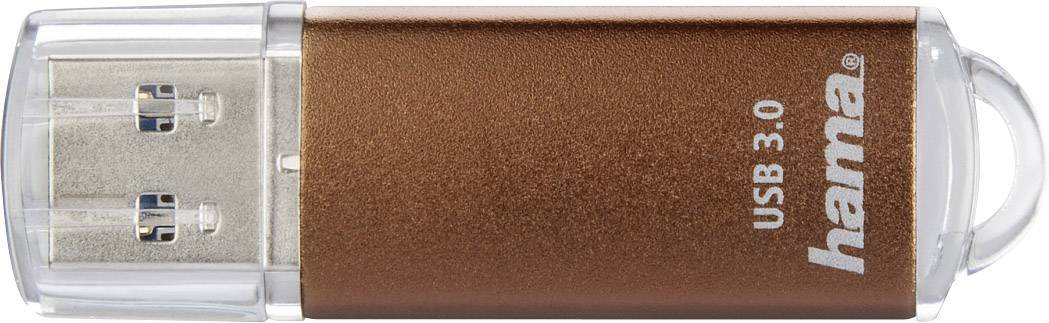 Een USB-stick met een bruine behuizing voorzien van de opdruk 'USB 3.0' en 'hama'.