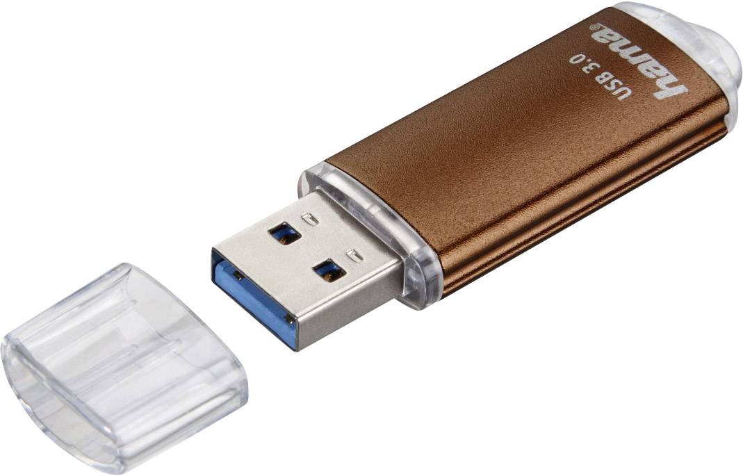 USB-stick met verwijderde dop, toont USB 3.0-aansluiting, in metaalbronskleurige afwerking, op witte achtergrond.