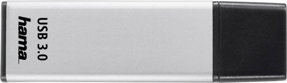 Een zilveren USB-stick met een zwart uiteinde waarop 'USB 3.0 hama' staat.