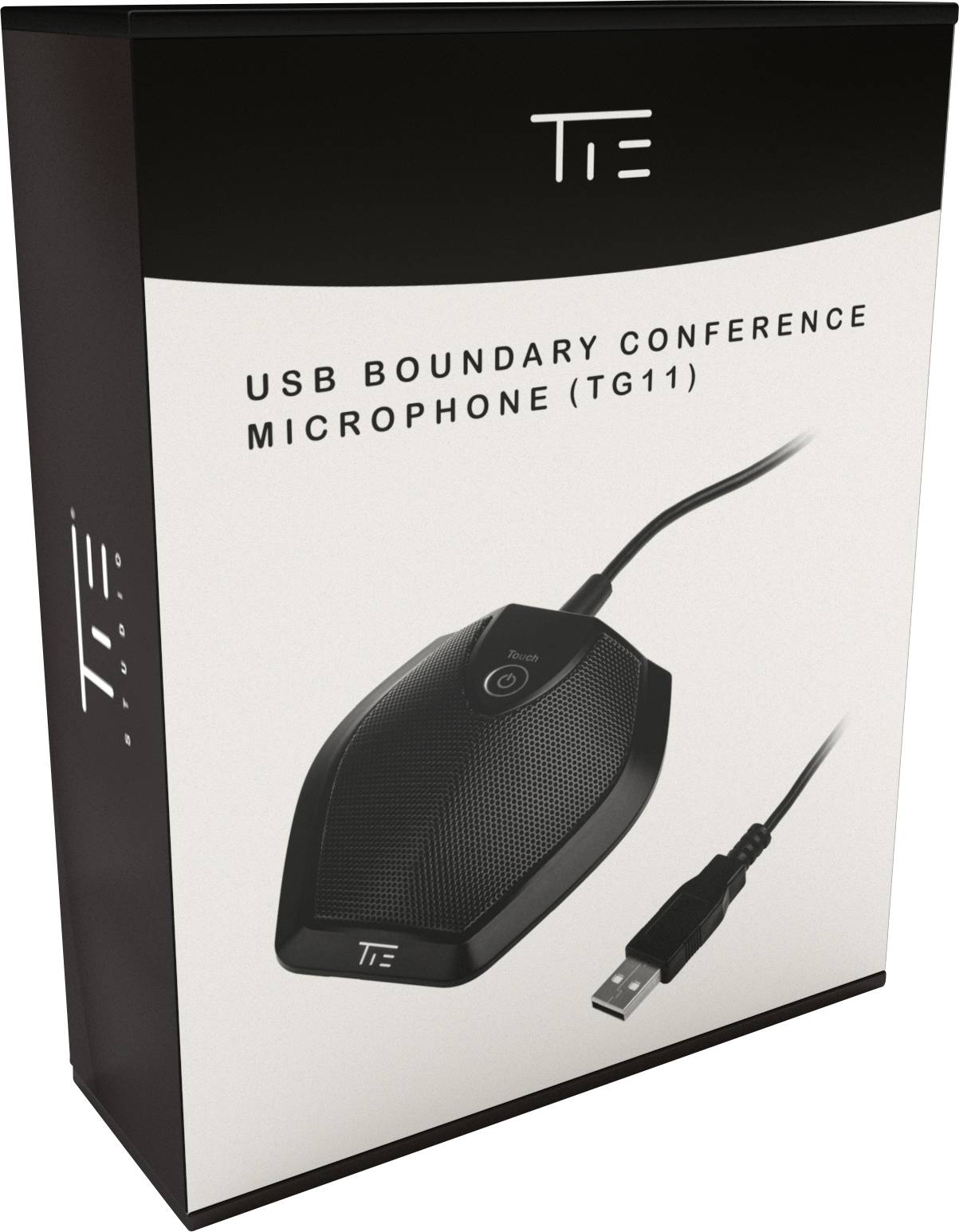'USB Boundary Conference Microphone (TG11)' verpakking, toont de zwarte microfoon met USB-aansluiting en merklogo.