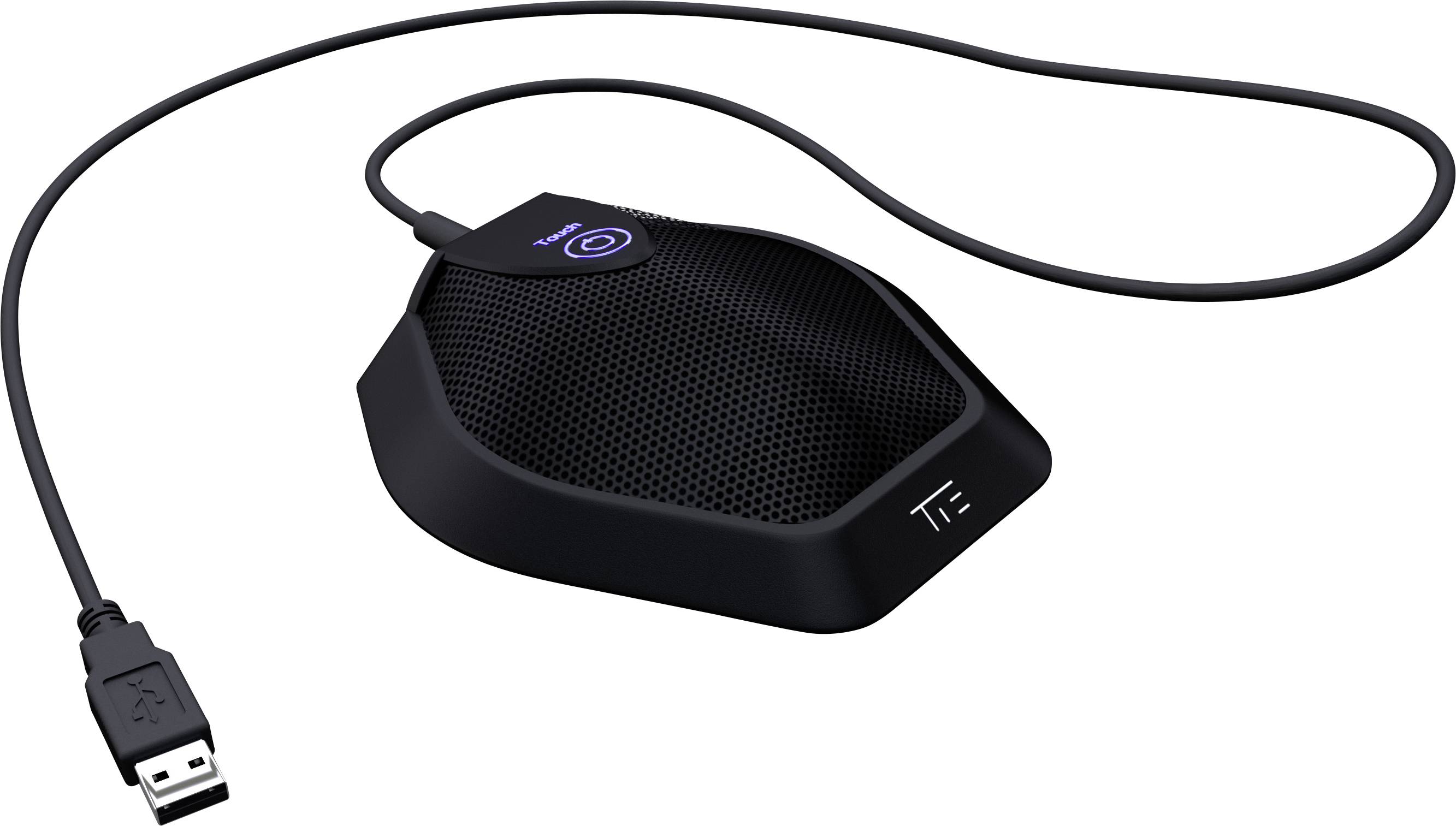 Een zwarte USB-conferentiemicrofoon met kabel, geschikt voor vergaderingen en online oproepen, op witte achtergrond.