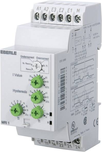 Elektronisch bewakingsrelais van EBERLE voor het meten van onder- en bovenstroom. Apparaat met groene draaiknoppen en aansluitklemmen bovenaan.