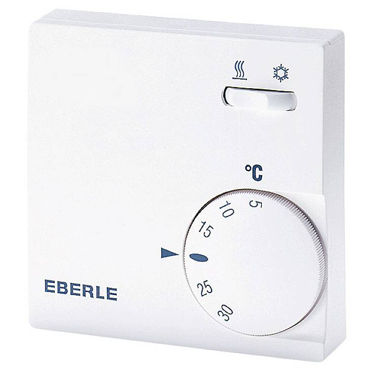 Een witte ruimtethermostaat met Eberle-logo. Instelwiel toont temperaturen van 5 tot 30 graden Celsius, schakelaar voor verwarmings- en koelmodus.