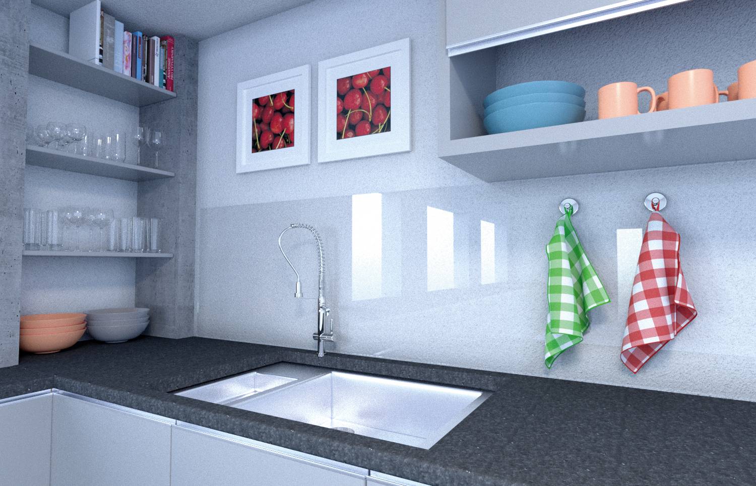 Moderne keuken met een grijze werkblad, spoelbak en gekleurde handdoeken aan de muur. Open schappen met servies en decoratie.