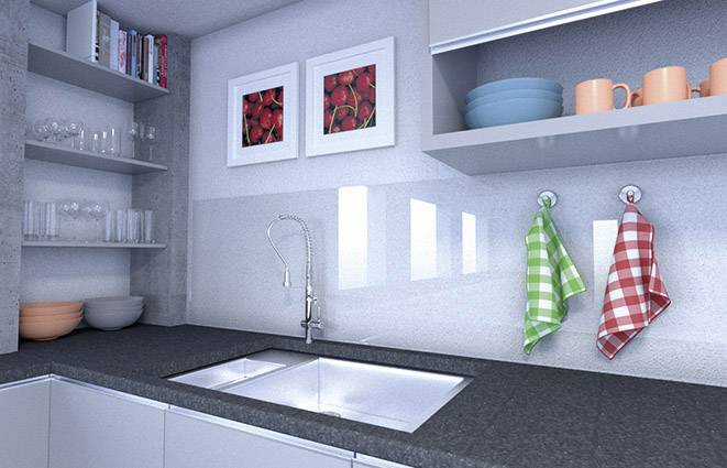 Moderne keuken met grijze werkblad, spoelbak, servies op schappen en kleurrijke theedoeken. Subtiele rode schilderijen aan de muur.