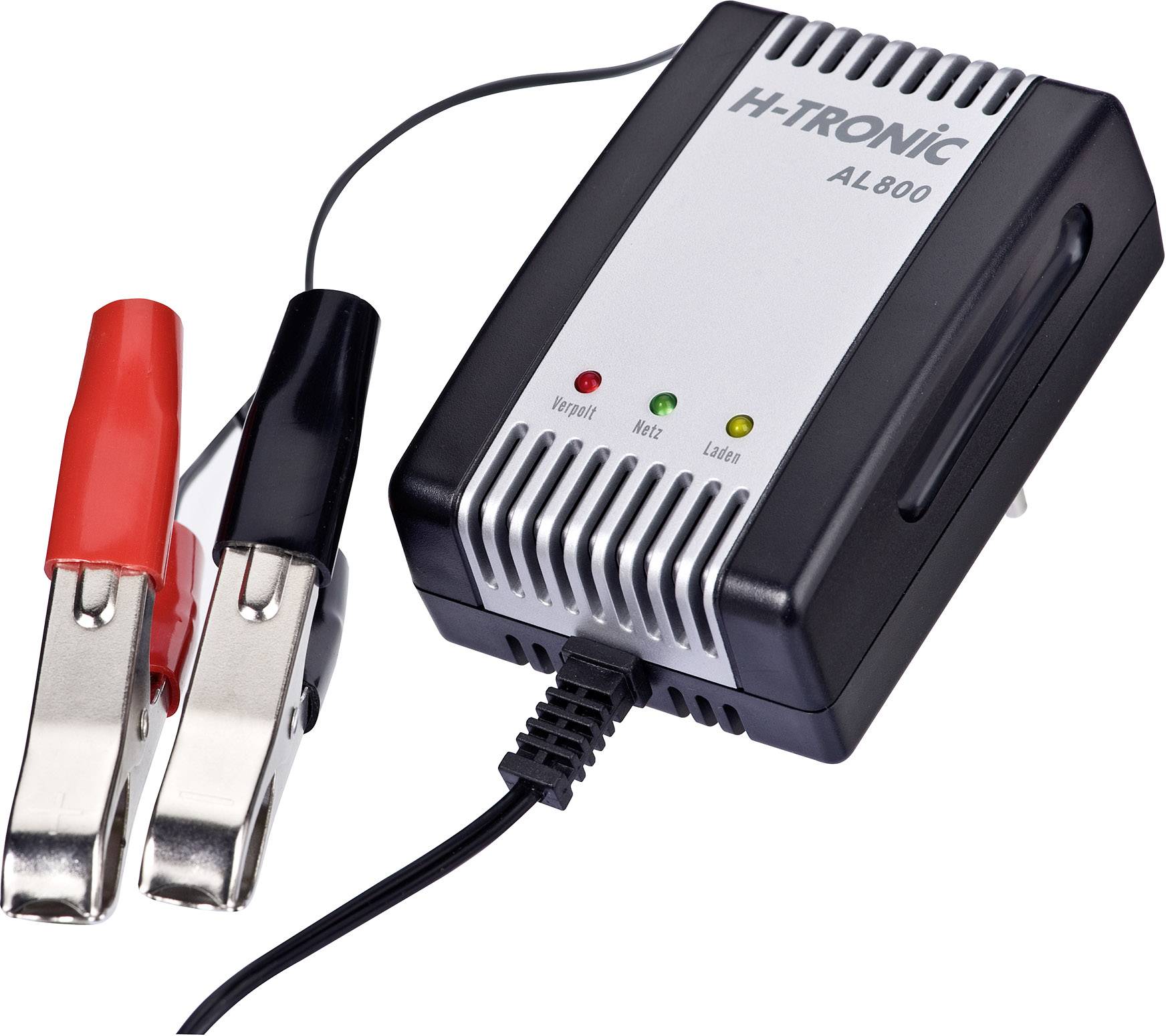 Acculader H-Tronic AL800 met twee klemmen. Eén klem is rood, de andere zwart. Het apparaat toont de laadstatus met behulp van LED's.