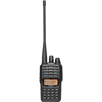 Draagbare portofoon met zwarte behuizing, antenne bovenaan en verlicht digitaal display met de frequentie '435.150 MHz'.