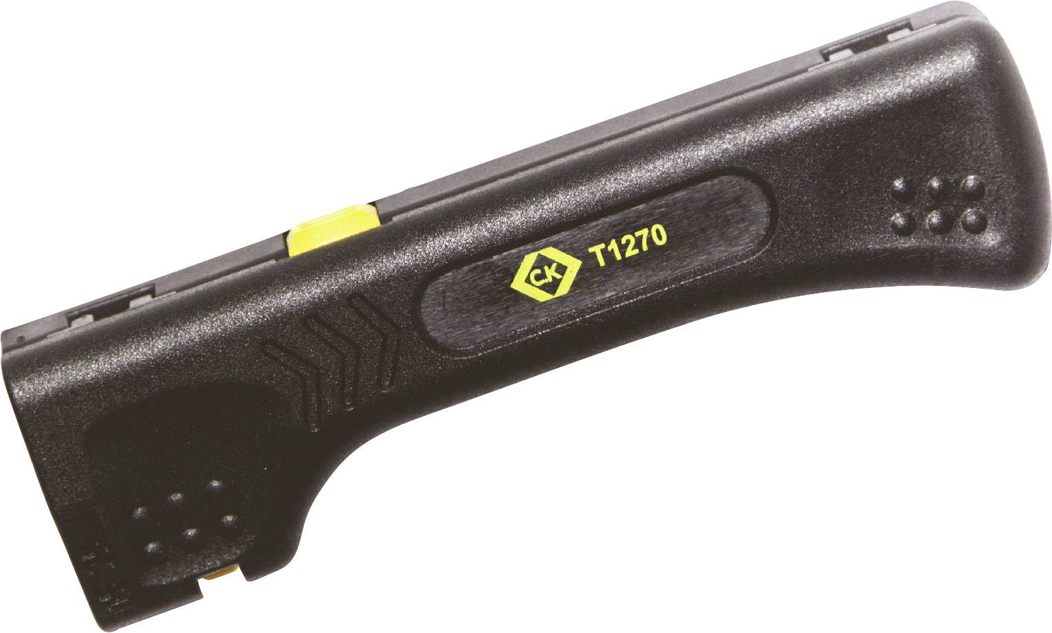 Zwarte hardmetalen tang met geel logo 'CK T1270' en gele knop. Gebruikt voor elektrische of mechanische werkzaamheden.