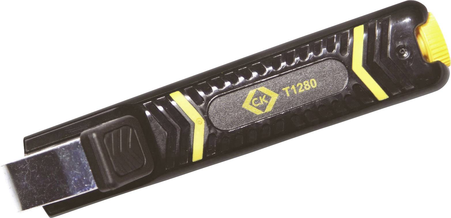Zwart veiligheidsmes met geel wiel voor intrekken van de mes. Opschrift 'C.K T1280'.
