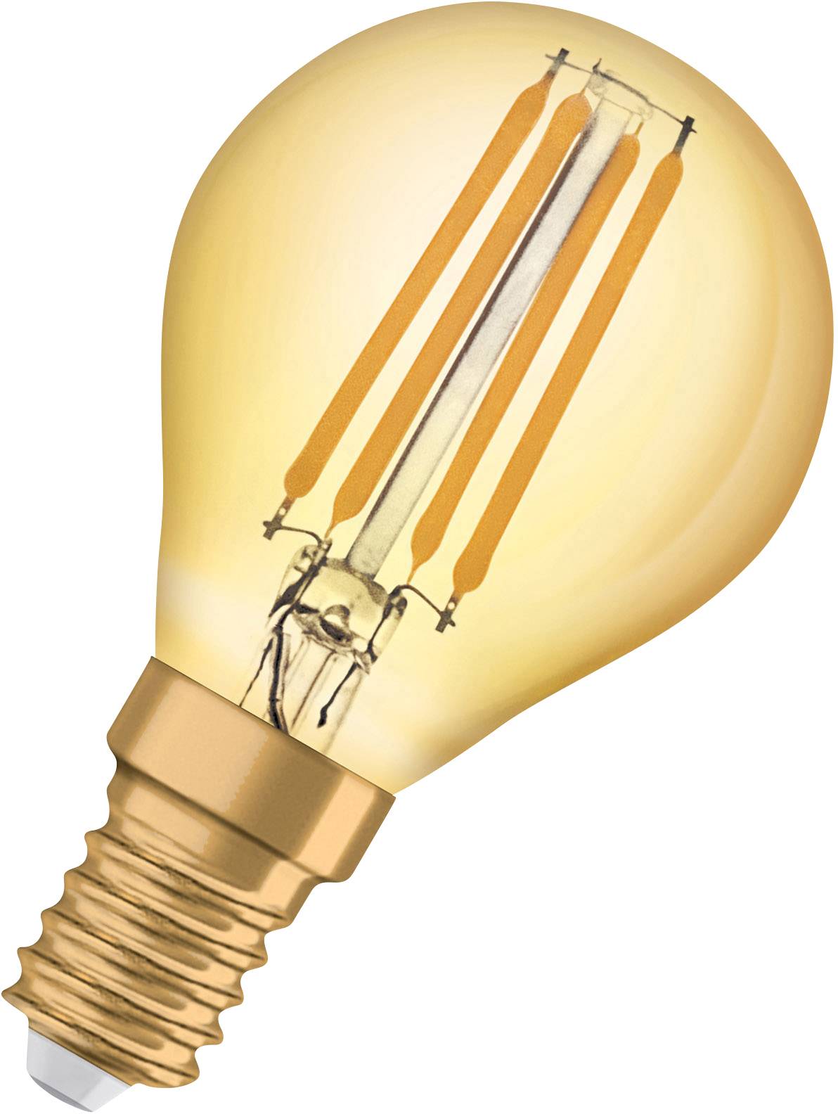 Een LED-gloeilamp met E27-fitting en zichtbare filamenten, die warmwit licht geeft.