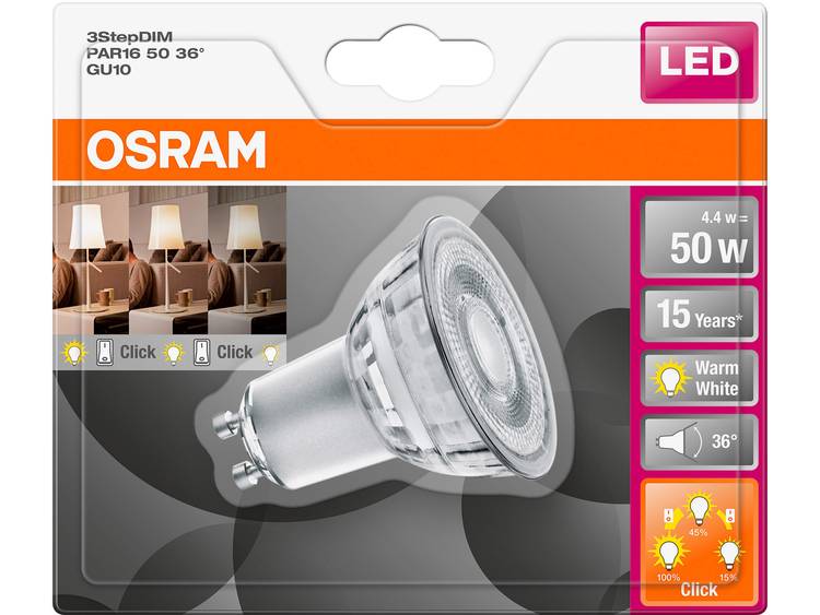 Osram LED Star+ GU10 PAR16 4.4W 827 36D | 3 Step Dimbaar Zeer Warm Wit Vervangt 50W