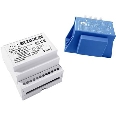 Twee elektrische apparaten. Links een witte fasekoppelaar 'Type: ES30' van Block, rechts een blauw model met onleesbare tekst.