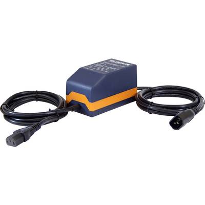 Een elektronisch apparaat met twee aangesloten kabels, één met een mannelijke stekker en één met een vrouwelijke stekker, op een witte achtergrond.