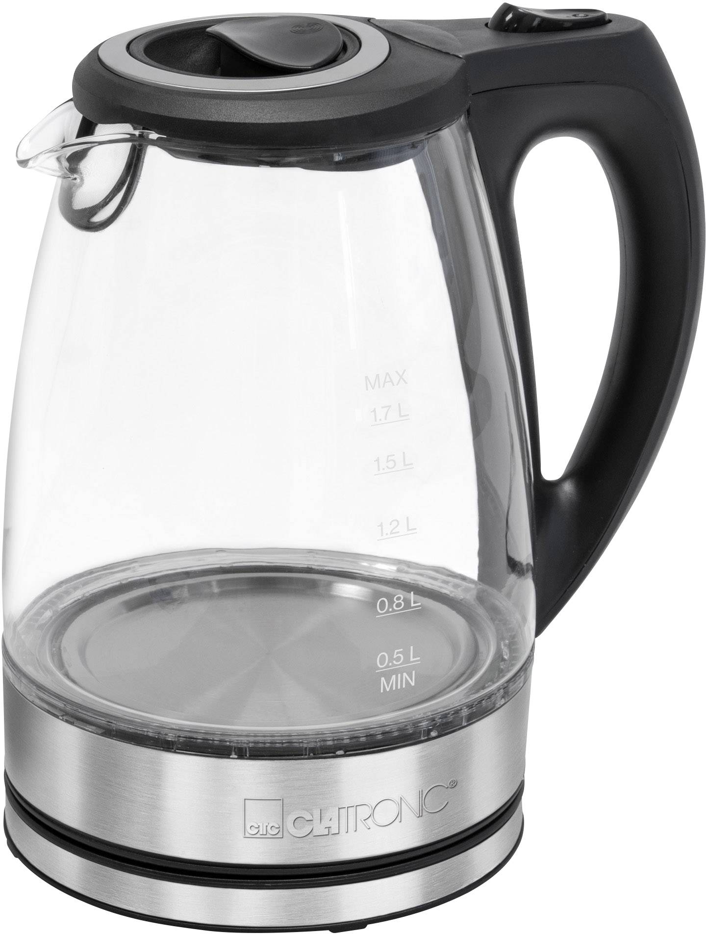 Glazen waterkoker met zwarte handgreep en metalen bodem, met maatstreepjes aan de zijkant voor het meten van vloeistofhoeveelheden.