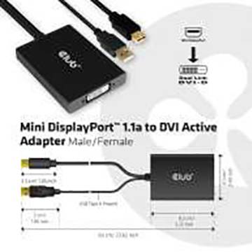 'Mini DisplayPort 1.1a naar DVI Active Adapter', mannelijk/vrouwelijk. Apparaat toont aansluitingen en verbinding met DVI-D.