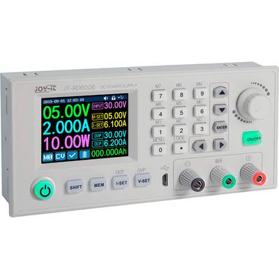 Een DC-voedingsapparaat met digitaal display toont actuele spanning, stroomsterkte en vermogen. Knoppen en draaiknop voor instelling zichtbaar.