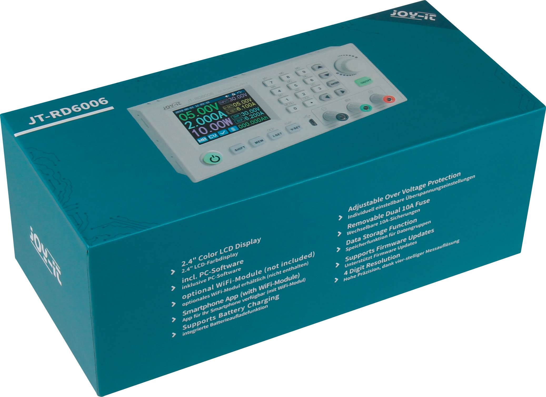 Een verpakking met een programmeerbaar voedingsapparaat, model JT-RD6006, bedrukt. De verpakking toont een afbeelding van het apparaat met verschillende specificaties.