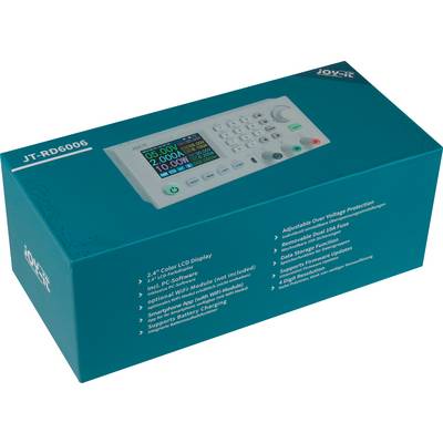 Een verpakking met een programmeerbaar voedingsapparaat, model JT-RD6006, bedrukt. De verpakking toont een afbeelding van het apparaat met verschillende specificaties.