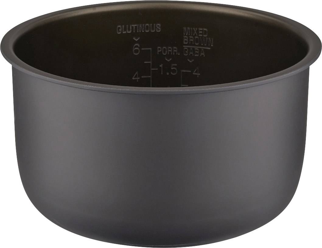 Zwarte pot met maatstreepjes aan de binnenkant, toont metingen in kopjes. Markeringen voor verschillende rijstsoorten, zoals 'KLEEFRIJST' en 'GEMENGD'.