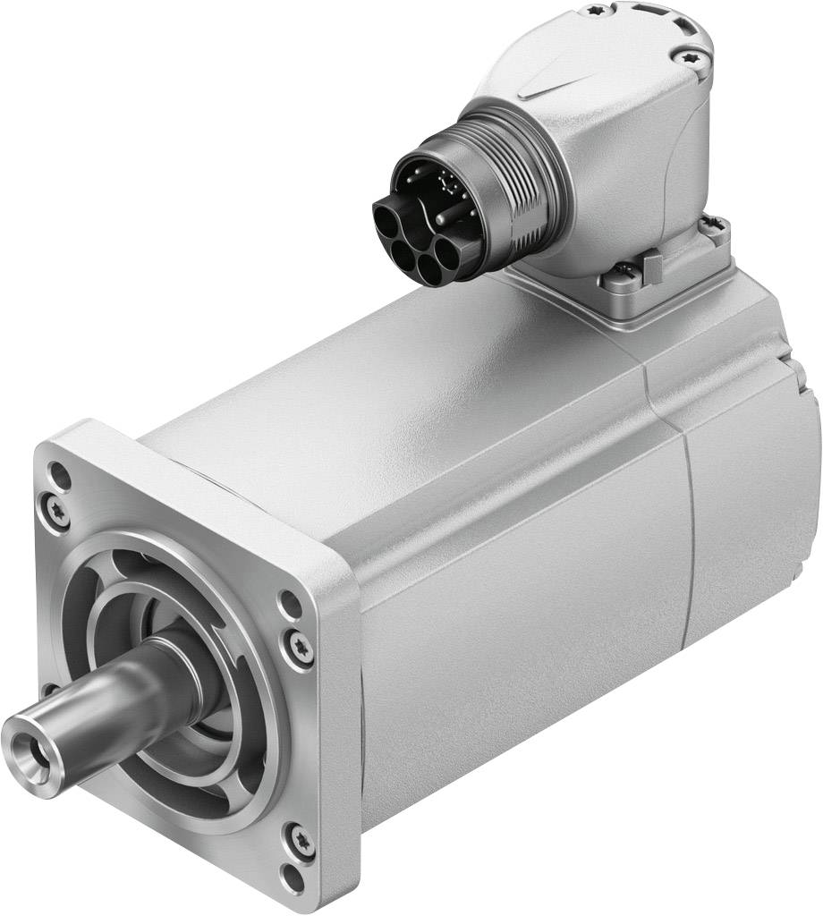 Industriële robotmotor met rechthoekige aansluiting en ronde asbekroning, in een licht metalen behuizing.