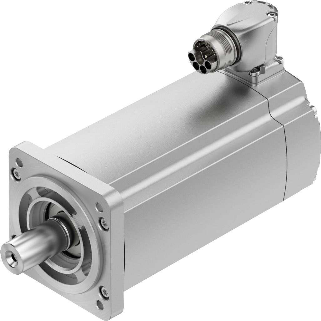 Een zilveren elektromotor met een cilindrische behuizing en rechthoekige montageplaat, geschikt voor industriële toepassingen.