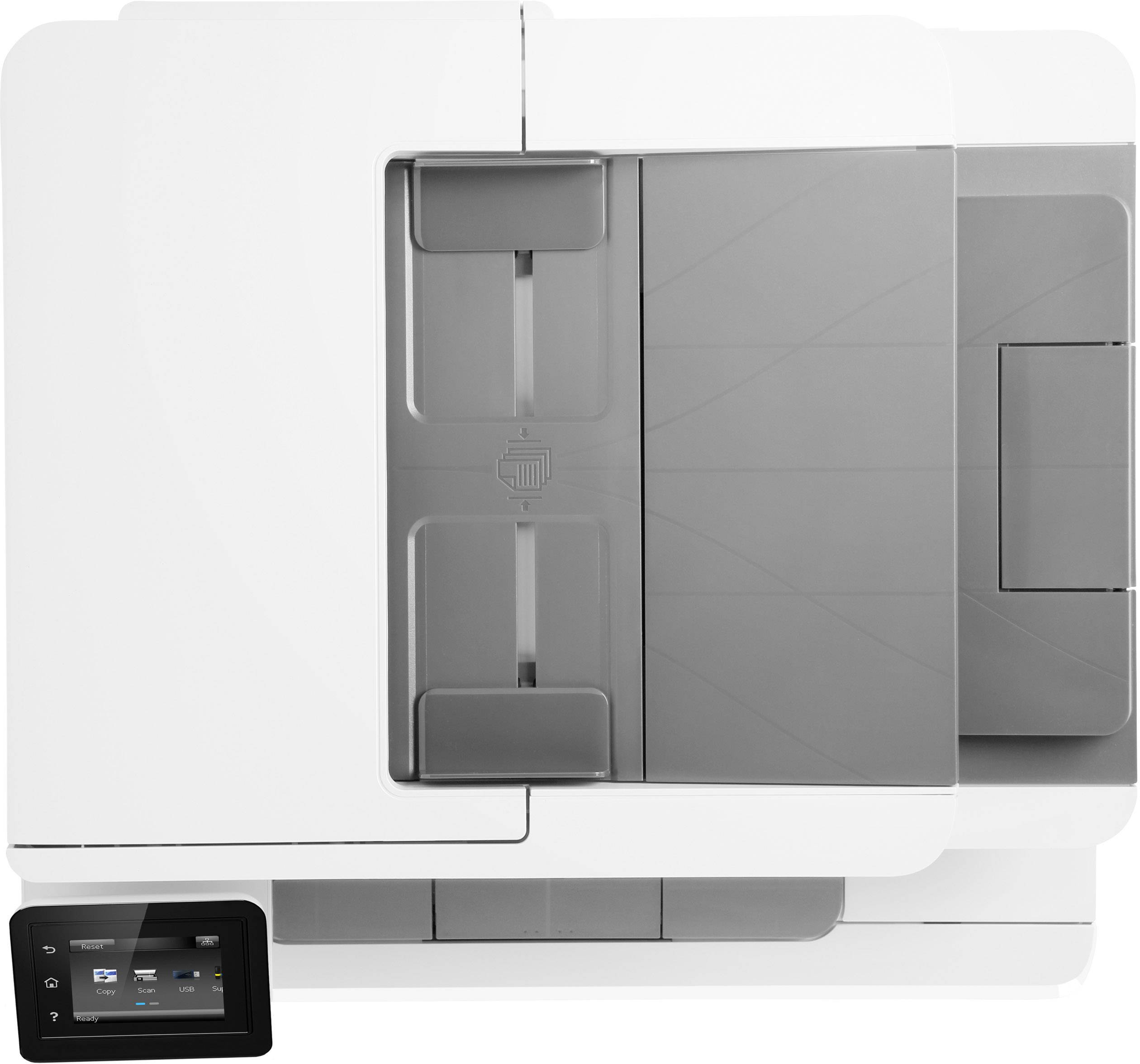 Multifunctionele printer met touchscreen-bedieningspaneel en papiervak. Geschikt voor printen, scannen en kopiëren in kantooromgevingen.