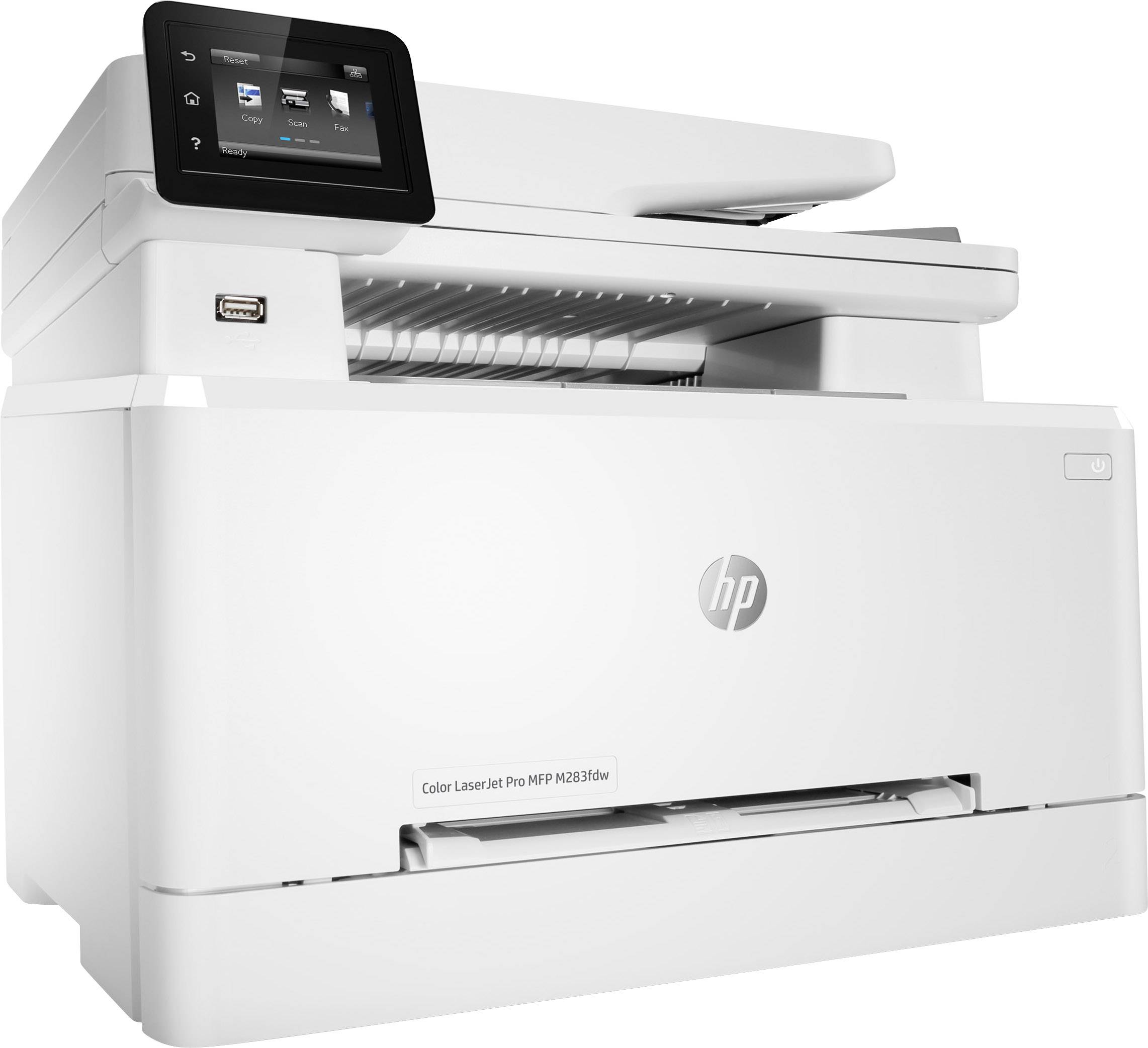 Een witte HP Color LaserJet Pro MFP M283fdw printer met touchscreen-bedieningspaneel bovenaan. Multifunctioneel voor printen en scannen.