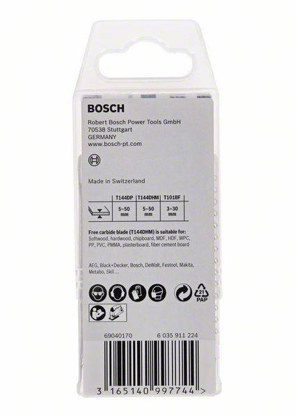 Kartonnen verpakkingsuitsnede van Bosch-zaagblaadjes met productinformaties, aangeduid voor verschillende materialen en geschikt voor meerdere merken.