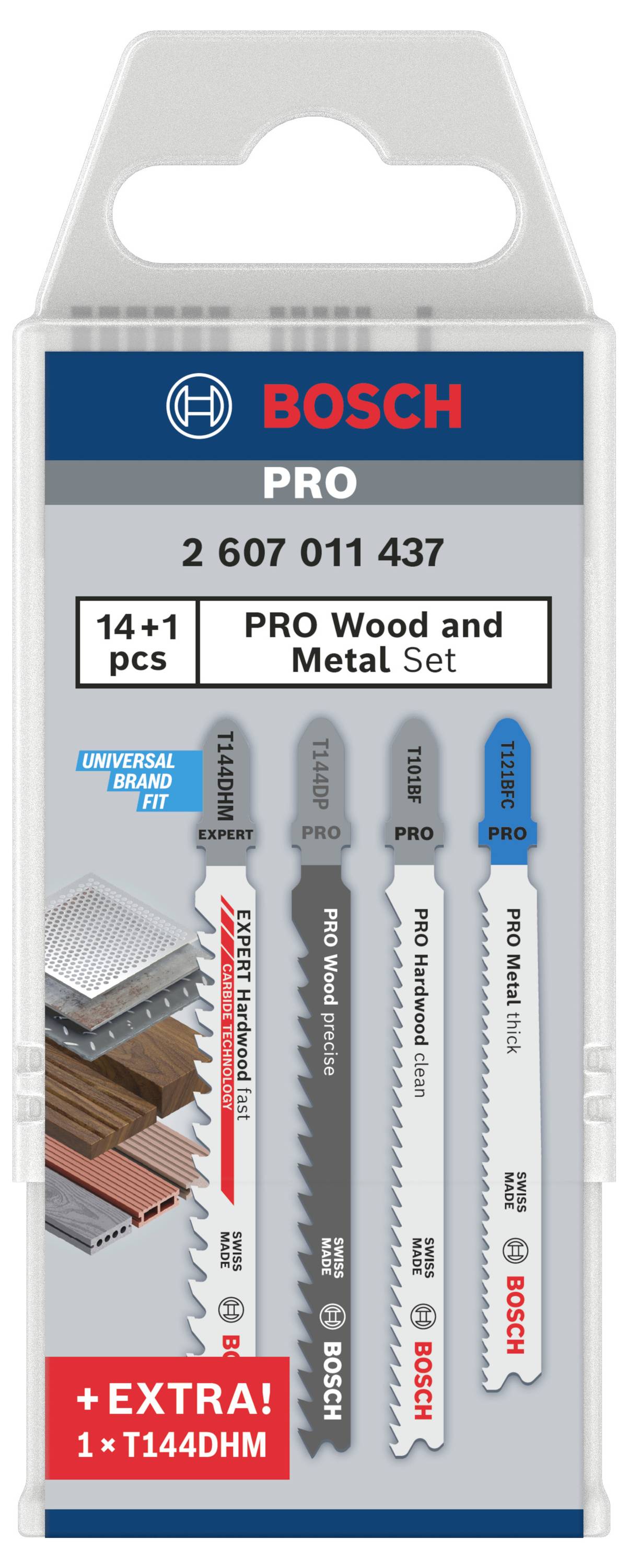 Verpakking met 5 zaagbladen voor hout en metaal van Bosch. Te zien zijn verschillende messen met 'Extra 1× T144DHM' als bonus.