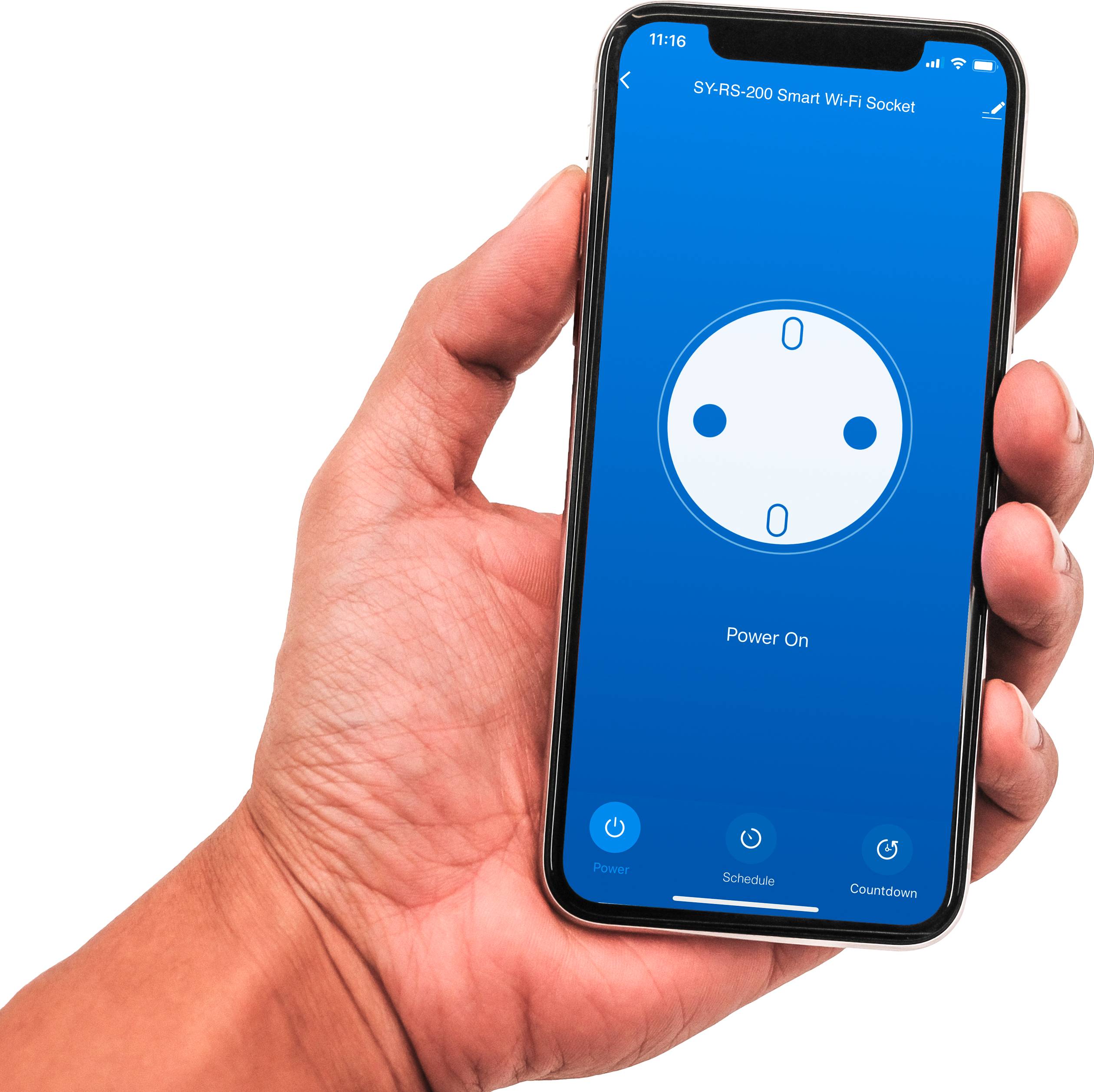 Een smartphone toont de app-besturing voor een slimme Wi-Fi-stopcontact. Het scherm geeft 'Power On' weer.