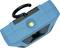 Blauwe zaklamp met haak en gele verlichte lens, geschikt voor ophangen en gebruik als werkverlichting.