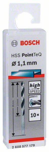 Bosch boorset, 'HSS PointTeQ' met 1,1 mm diameter, 10 stuks, gemarkeerd: hoge snelheid en precisie.