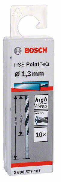 Bosch borenset, 'HSS PointTeQ' met een diameter van 1,3 mm. Bevat 10 stuks, gemarkeerd als 'high speed'.