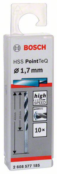 Verpakking voor Bosch HSS PointTeQ boor, diameter 1,7 mm, geschikt voor hoge snelheid. Bevat 10 boren.