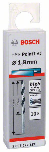 Verpakking van Bosch HSS PointTeQ boor, diameter 1,9 mm, voor snel boren in metaal, bevat 10 stuks.