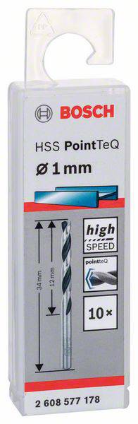 Verpakking van een Bosch HSS PointTeQ boor, Ø 1mm, geschikt voor hoge snelheid, bevat 10 stuks.