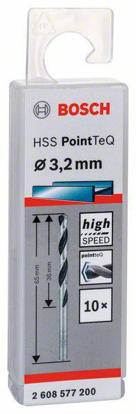 'Bosch Boor HSS PointTeQ, Diameter 3,2 mm, Lengte 65 mm, Set van 10 stuks, geschikt voor hoge snelheid en precisie.'