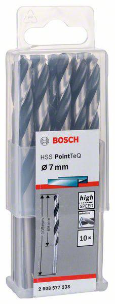 Een transparante kunststof verpakking met vijf boren van het merk Bosch, gekenmerkt als 'HSS PointTeq', diameter 7 mm, High Speed.
