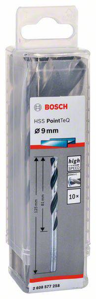 Bosch boor in kunststof container, 9 mm diameter, 'HSS PointTeQ', geschikt voor toepassingen met hoge snelheid, 10 stuks.