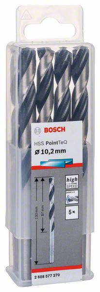 'Bosch HSS PointTeQ metaalboren-set', bestaande uit vijf 10,2 mm boren, geschikt voor snel en precies boren in metaal.