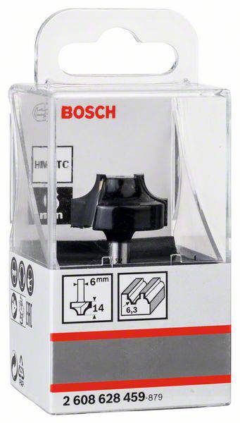 Verpakking van een Bosch-frees met een 6 mm schacht. Opdruk toont profiel, diameter van 14 mm en een 3D-afbeelding van de frees.