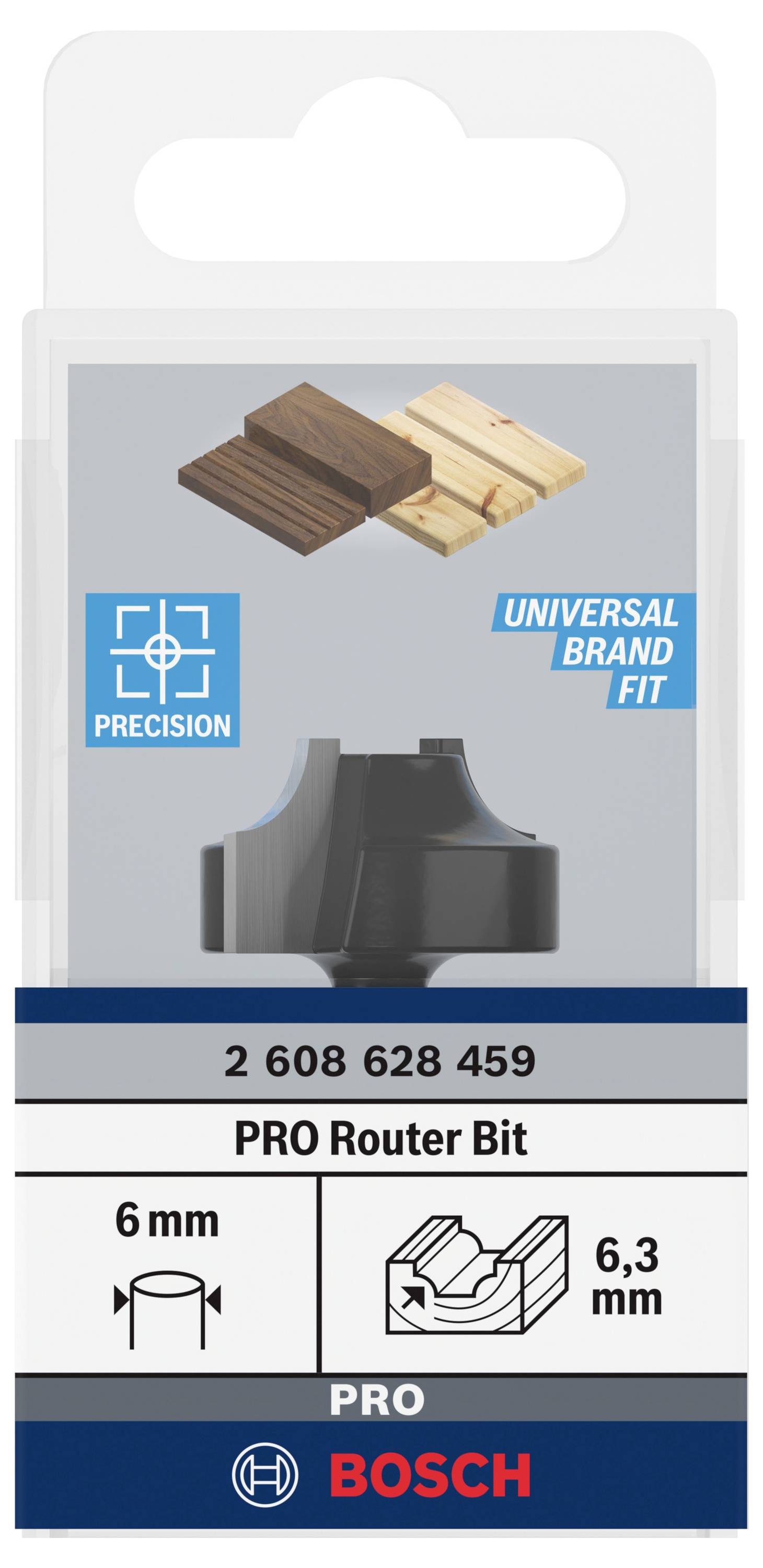 Verpakking van een Bosch PRO frees, geschikt voor houtbewerking. Toont freesvorm en afmetingen (6 mm breedte, 6,3 mm diepte).