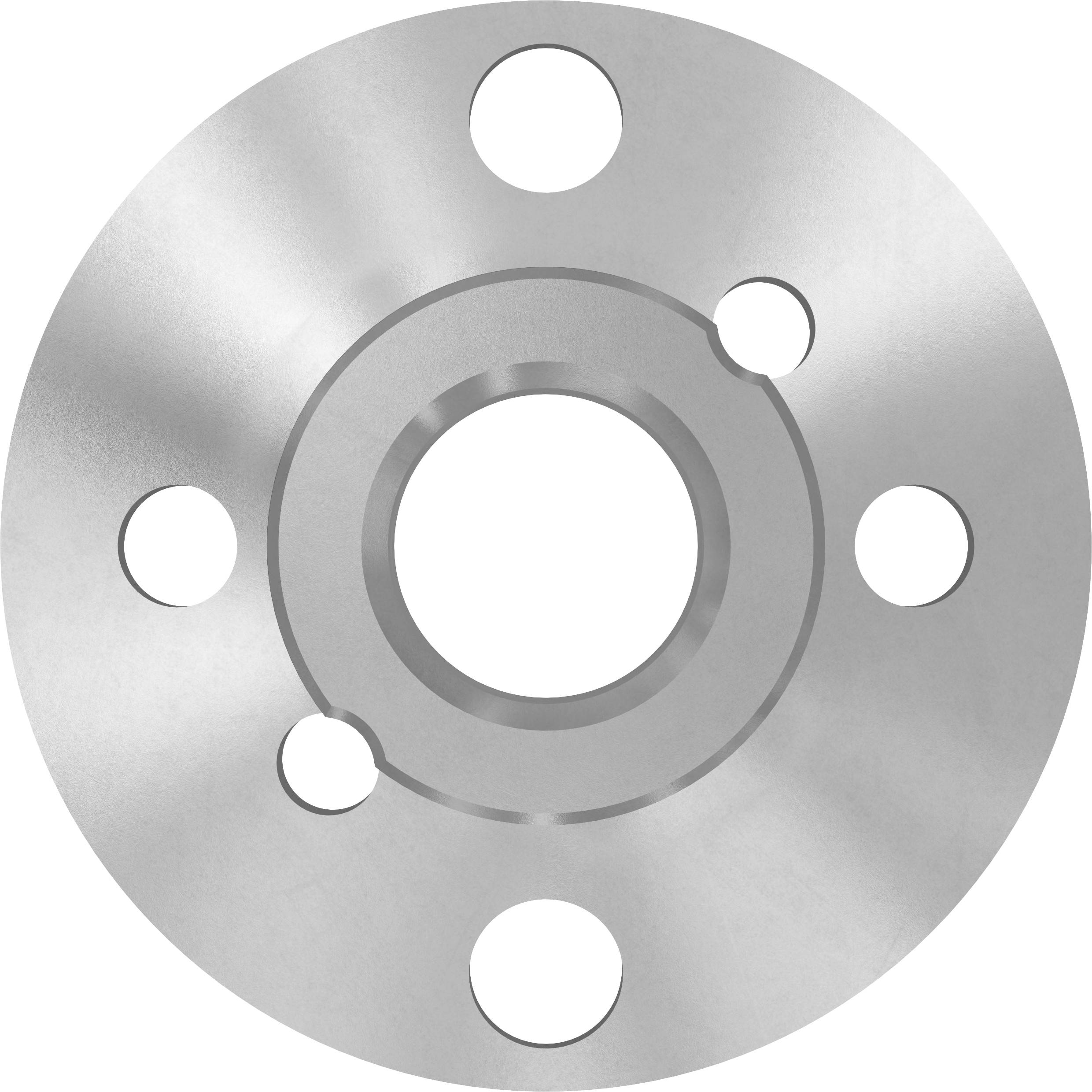 Metalen flens met vijf gaten, symmetrisch gerangschikt rondom een centrale opening, gebruikt in buisverbindingen voor stabiliteit en aansluiting.