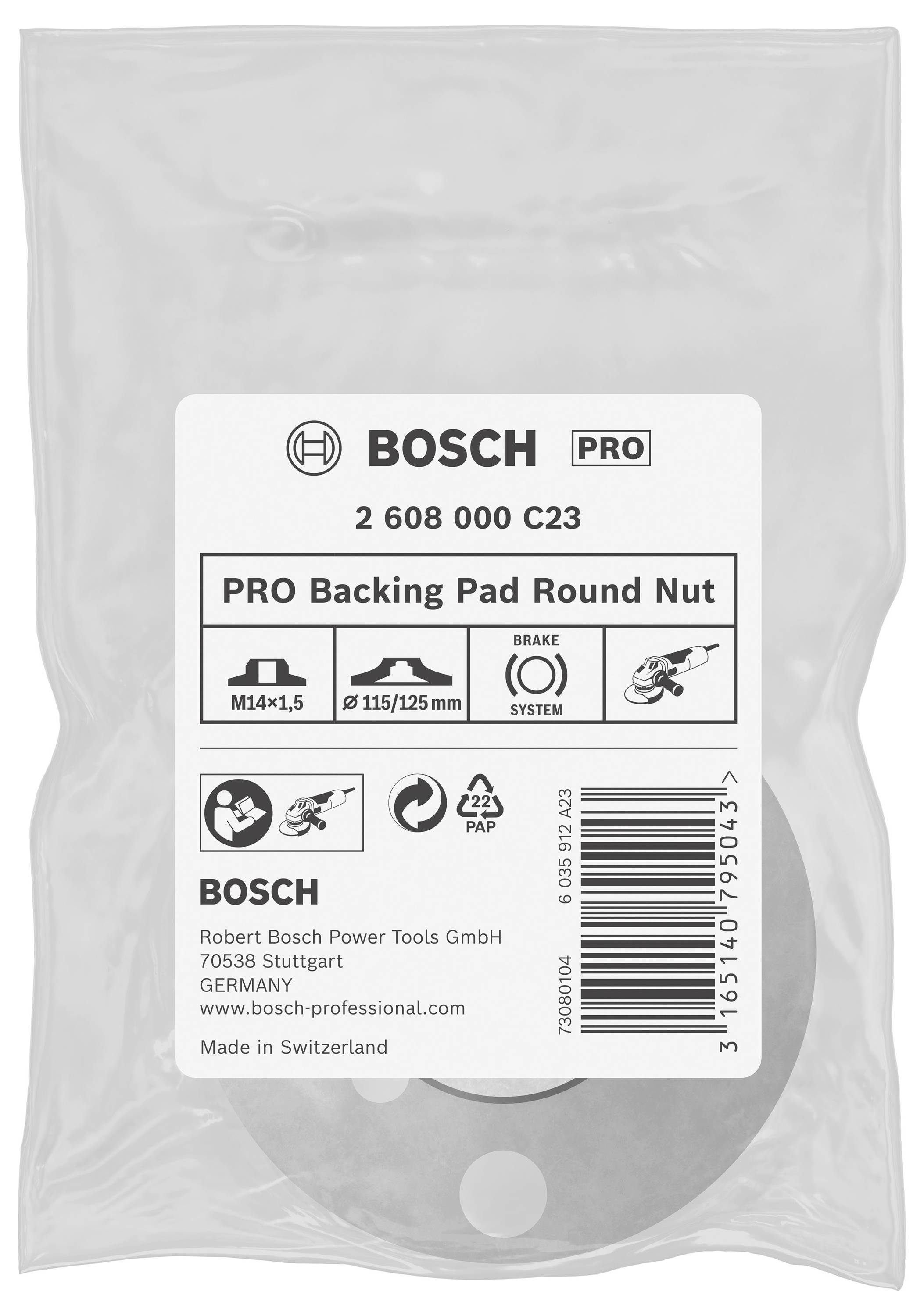 Een Bosch-verpakking voor een PRO slijpschijf met ronde moer. Bevat specificaties voor afmeting (115/125 mm) en schroefdraad (M14x1.5).