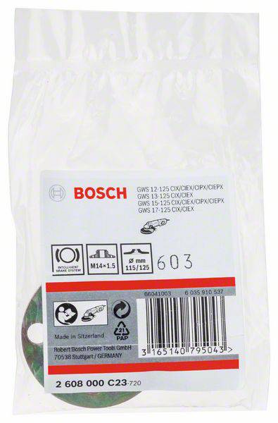 Een verpakking met een vervangingsschijf voor een Bosch-elektrisch gereedschap. Bevat productspecificaties en barcodes. Herkomst: Zwitserland.