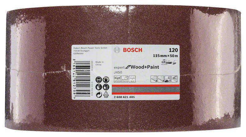 Schuurbandenrol, merk Bosch, korrelgrootte 120, afmetingen 115 mm x 50 m, geschikt voor hout en lak. Bevat productinformatie en barcodes.