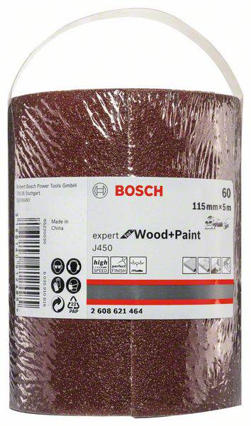 Schuurpapierrol van Bosch, type 'expert Hout+Verf', 115mm x 5m, korrelgrootte 60, geschikt voor hout en verf.
