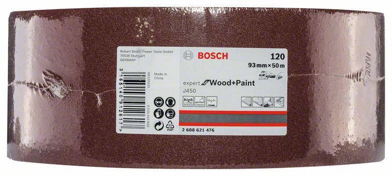 Rol schuurpapier van Bosch 93 mm x 50 m, korrelgrootte 120, geschikt voor hout en verf. Bevat productspecificaties en streepjescode.