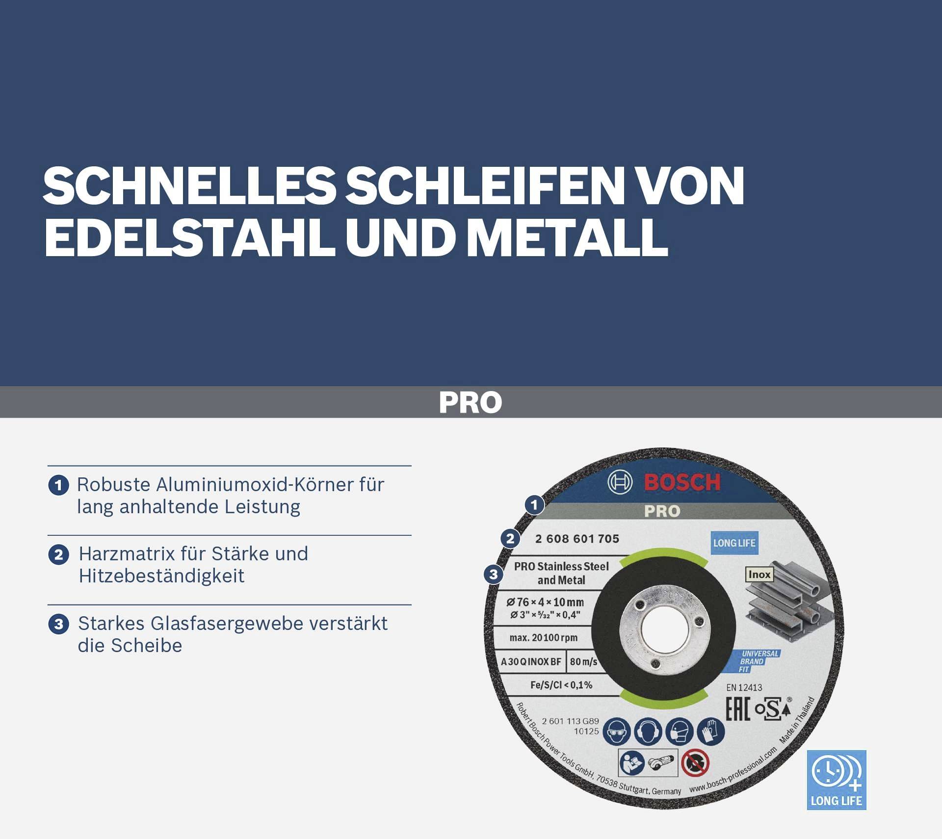 'Bosch Pro' slijpschijf voor snel slijpen van roestvrij staal en metaal. Kenmerken: duurzaam, hittebestendig, robuust.