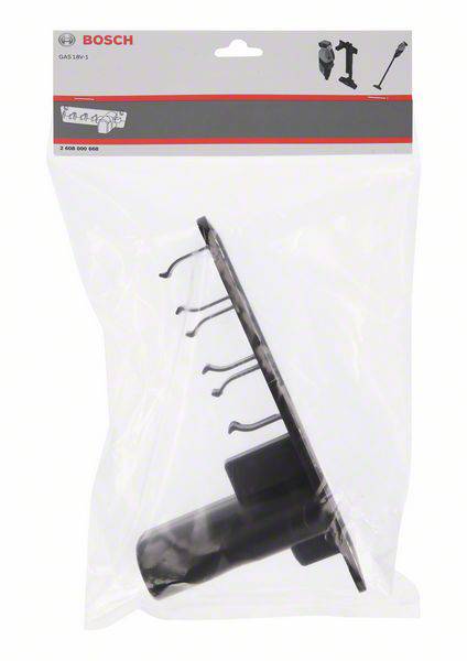 Een Bosch-accessoireverpakking toont een zwarte wandhouder voor een gereedschapssysteem, geschikt voor het opbergen van gereedschapsonderdelen.